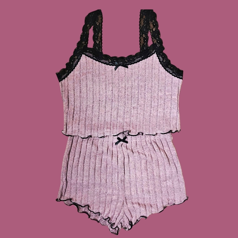 🚺 S US — 2pc Microfleece Pajama Set w/ Cropped Top & High–Waisted Bottoms - Picture 3 of 4